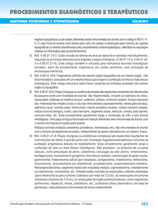 PROCEDIMENTOS DIAGNÓSTICOS E TERAPÊUTICOS
ANATOMIA PATOLÓGICA E CITOPATOLOGIA                                                                         4.06.00.00-9
                                                                                                    Porte        Custo
  Código                                Procedimentos                                                            Oper.

                      regiões topográficas ou de lesões diferentes serão remuneradas de acordo com o código 4.06.01.11-
                      0. O valor final do exame será obtido pelo valor do código multiplicado pelo número de regiões
                      topográficas ou lesões (identificadas pelo procedimento anatomopatológico, referidas na requisição
                      médica ou informadas pelo paciente/familiar).
                 6)   Ref. 4.06.01.15-3: Cada revisão de lâmina deverá ser descrita e valorada individualmente,
                      seguindo os príncípios descritos para biópsias e peças crirúrgicas (4.06.01.11-0, 4.06.01.20-
                      0 e 4.06.01.21-8). Este código também é utilizado para remunerar recortes histológicos
                      seriados, além de procedimento diagnóstico em cortes semifinos, sem utilização da
                      microscopia eletrônica.
                 7)   Ref. 4.06.01.19-6: Fragmentos colhidos de mesma região topográfica de um mesmo órgão, não
                      discriminados e colocados em um mesmo frasco que exigem a confecção de três ou mais blocos
                      histológicos. Este código remunera cada frasco contendo as múltiplas amostras (do mesmo
                      órgão ou topografia).
                 8)   Ref. 4.06.01.20-0: Peças cirúrgicas ou anatômicas simples são espécimes resultantes de intervenções
                      de pequeno porte com finalidade excisional, não fragmentadas. Incluem as exéreses de cistos,
                      ressecções cutâneas ou retalhos (fusos) cutâneos, pólipos, linfonodo isolado. Outros exemplos
                      são: histerectomia simples (corpo e colo são remunerados separadamente), ressecções de baço,
                      apêndice cecal, corneto nasal, hemorróida, nódulo prostático isolado, nódulo mamário isolado,
                      nódulo tumoral benigno, ovário, saco herniário, segmento ósseo, testículo, tonsila, tuba uterina,
                      vesícula biliar, etc. Esse procedimento geralmente exige a confecção de três a seis blocos
                      histológicos. Uma peça cirúrgica fracionada em frascos diferentes será remunerada de acordo com
                      o número de frascos enviados para exame.
                      Nódulos tumorais múltiplos (mamários, prostáticos, miomatosos, etc), são remunerados de acordo
                      com o número de espécimes enviados, independente de serem colocados em um mesmo frasco.
                 9)   Ref. 4.06.01.21-8: Peças cirúrgicas ou anatômicas complexas são espécimes resultantes de
                      intervenções de médio e grande porte com finalidade diagnóstica/terapêutica incluindo-se
                      avaliação prognóstica através de estadiamento. Esse procedimento geralmente exige a
                      confecção de sete ou mais blocos histológicos. São exemplos: os produtos de cirurgias
                      radicais, como amputação de pênis, colectomia, conização de colo uterino, enterectomia,
                      esofagectomia, esvaziamento ganglionar (monobloco isolado), exenteração de globo ocular,
                      gastrectomia, histerectomia radical (por neoplasia), laringectomia, mastectomia, nefrectomia,
                      orquiectomia, pneumectomia (ou lobectomia), prostatectomia, quadrantectomia mamária.
                      Retossigmoidectomia, segmento ósseo com neoplasia maligna, sigmoidectomia, tireoidectomia
                      (ou lobectomia), vulvectomia, etc. Também estão incluídas as ressecções cutâneas ampliadas
                      (para melanoma ou para tumores cutâneos com mais de 3,0 cm); as ressecções de tumores
                      volumosos (maiores de 7,0 cm); as ressecções de órgão parenquimatosos, como segmentos
                      pulmonares, hepáticos, renais, próstáticos, etc.; a placenta (disco placentário); em caso de
                      gemelares, cada placenta é remunerada de forma independente.




Classificação Brasileira Hierarquizada de Procedimentos Médicos - 5ª edição                                       163
 