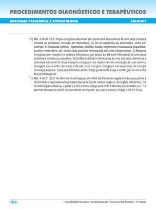 PROCEDIMENTOS DIAGNÓSTICOS E TERAPÊUTICOS
ANATOMIA PATOLÓGICA E CITOPATOLOGIA                                                                   4.06.00.00-9
                                                                                              Porte         Custo
 Código                        Procedimentos                                                                Oper.

          10) Ref. 4.06.01.22-6: Peças cirúrgicas adicionais são espécimes secundários de uma peça cirúrgica
              simples ou complexa, enviada em monobloco, ou de um espécime de amputação, como por
              exemplo, 1) Estruturas vizinhas – ligamentos, cordões, ductos, segmentos e musculatura esquelética,
              epíplon, mesentério, etc, sendo cada estrutura remunerada de forma independente ; 2) Margens
              cirúrgicas (por margem) e cadeias linfonodais (por grupo de até seis linfonodos) de uma peça
              anatômica simples ou complexa; 3) Cordão umbilical e membranas de uma placenta. Admite-se a
              cobrança adicional de duas margens cirúrgicas nos espécimes de conização de colo uterino,
              (margens exo e endo cervicais) e de até cinco margens cirúrgicas nos espécimes de cirurgia
              oncológica radical. Cada procedimento deste código geralmente exige a confecção de um a três
              blocos histológicos.
          11) Ref. 4.06.01.25-0: As lâminas de esfregaços de PAAF de diferentes regiões terão seus portes e
              UCO fixados separadamente (independente de ser de mesmo órgão ou de órgãos diferentes). Da
              mesma região utiliza-se o porte e a UCO deste código para cada 5 lâminas processadas (ex.: 13
              lâminas obtidas de nódulo de lobo direito de tireóide, equivale 3 vezes o código 4.06.01.25-0).




164                                      Classificação Brasileira Hierarquizada de Procedimentos Médicos - 5ª edição
 