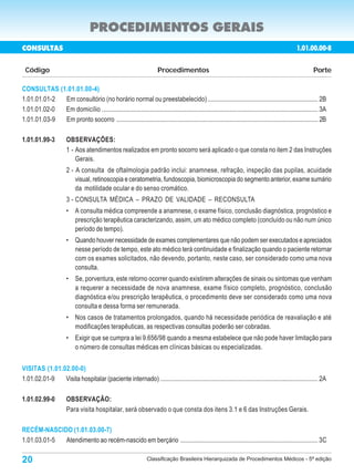 PROCEDIMENTOS GERAIS
CONSULTAS                                                                                                                                          1.01.00.00-8


 Código                                                                  Procedimentos                                                                       Porte

CONSULTAS (1.01.01.00-4)
1.01.01.01-2 Em consultório (no horário normal ou preestabelecido) ..................................................................... 2B
1.01.01.02-0 Em domicílio ....................................................................................................................................... 3A
1.01.01.03-9 Em pronto socorro .............................................................................................................................. 2B

1.01.01.99-3           OBSERVAÇÕES:
                       1 - Aos atendimentos realizados em pronto socorro será aplicado o que consta no item 2 das Instruções
                           Gerais.
                       2 - A consulta de oftalmologia padrão inclui: anamnese, refração, inspeção das pupilas, acuidade
                           visual, retinoscopia e ceratometria, fundoscopia, biomicroscopia do segmento anterior, exame sumário
                           da motilidade ocular e do senso cromático.
                       3 - CONSULTA MÉDICA – PRAZO DE VALIDADE – RECONSULTA
                       • A consulta médica compreende a anamnese, o exame físico, conclusão diagnóstica, prognóstico e
                         prescrição terapêutica caracterizando, assim, um ato médico completo (concluído ou não num único
                         período de tempo).
                       • Quando houver necessidade de exames complementares que não podem ser executados e apreciados
                         nesse período de tempo, este ato médico terá continuidade e finalização quando o paciente retornar
                         com os exames solicitados, não devendo, portanto, neste caso, ser considerado como uma nova
                         consulta.
                       • Se, porventura, este retorno ocorrer quando existirem alterações de sinais ou sintomas que venham
                         a requerer a necessidade de nova anamnese, exame físico completo, prognóstico, conclusão
                         diagnóstica e/ou prescrição terapêutica, o procedimento deve ser considerado como uma nova
                         consulta e dessa forma ser remunerada.
                       • Nos casos de tratamentos prolongados, quando há necessidade periódica de reavaliação e até
                         modificações terapêuticas, as respectivas consultas poderão ser cobradas.
                       • Exigir que se cumpra a lei 9.656/98 quando a mesma estabelece que não pode haver limitação para
                         o número de consultas médicas em clínicas básicas ou especializadas.


VISITAS (1.01.02.00-0)
1.01.02.01-9   Visita hospitalar (paciente internado) .................................................................................................. 2A

1.01.02.99-0           OBSERVAÇÃO:
                       Para visita hospitalar, será observado o que consta dos itens 3.1 e 6 das Instruções Gerais.

RECÉM-NASCIDO (1.01.03.00-7)
1.01.03.01-5 Atendimento ao recém-nascido em berçário ...................................................................................... 3C

20                                                                 Classificação Brasileira Hierarquizada de Procedimentos Médicos - 5ª edição
 