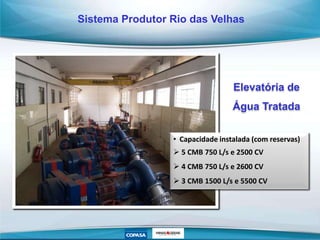 Elevatória de
Água Tratada
• Capacidade instalada (com reservas)
 5 CMB 750 L/s e 2500 CV
 4 CMB 750 L/s e 2600 CV
 3 CMB 1500 L/s e 5500 CV
Sistema Produtor Rio das Velhas
 