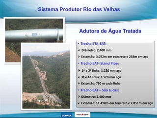 Adutora de Água Tratada
• Trecho ETA-EAT:
 Diâmetro: 2.400 mm
 Extensão: 3.072m em concreto e 258m em aço
• Trecho EAT- Stand Pipe:
 1ª e 2ª linha: 1.220 mm aço
 3ª e 4ª linha: 1.520 mm aço
 Extensão: 750 m cada linha
• Trecho EAT – São Lucas:
 Diâmetro: 2.400 mm
 Extensão: 11.490m em concreto e 2.051m em aço
Sistema Produtor Rio das Velhas
 