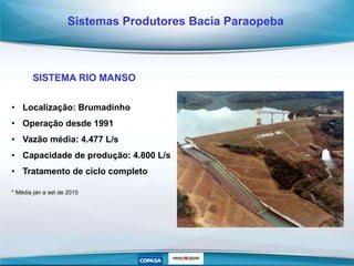 • Localização: Brumadinho
• Operação desde 1991
• Vazão média: 4.477 L/s
• Capacidade de produção: 4.800 L/s
• Tratamento de ciclo completo
* Média jan a set de 2015
Sistemas Produtores Bacia Paraopeba
SISTEMA RIO MANSO
 
