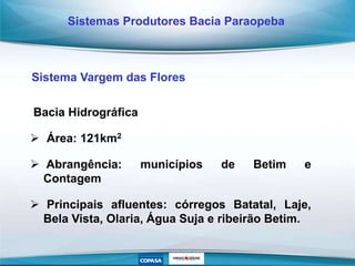 99%
97%
80%
70%
Bacia Hidrográfica
 Área: 121km2
 Abrangência: municípios de Betim e
Contagem
 Principais afluentes: córregos Batatal, Laje,
Bela Vista, Olaria, Água Suja e ribeirão Betim.
Sistemas Produtores Bacia Paraopeba
Sistema Vargem das Flores
 