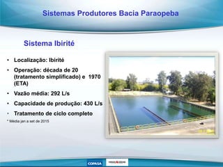 • Localização: Ibirité
• Operação: década de 20
(tratamento simplificado) e 1970
(ETA)
• Vazão média: 292 L/s
• Capacidade de produção: 430 L/s
• Tratamento de ciclo completo
* Média jan a set de 2015
Sistemas Produtores Bacia Paraopeba
Sistema Ibirité
 