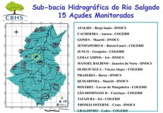 Sub-bacia Hidrográfica do Rio Salgado
15 Açudes Monitorados
ATALHO – Brejo Santo - DNOCS
CACHOEIRA – Aurora - COGERH
GOMES – Mauriti - DNOCS
JENIPAPEIRO II – Baixio/Umari - COGERH
JUNCO – Granjeiro - COGERH
LIMA CAMPOS – Icó - DNOCS
MANOEL BALBINO – Juazeiro do Norte - DNOCS
OLHO D’ÁGUA – Várzea Alegre - COGERH
PRAZERES – Barro - DNOCS
QUIXABINHA – Mauriti - DNOCS
ROSÁRIO – Lavras da Mangabeira - COGERH
SÃO DOMINGOS II – Caririaçu - COGERH
TATAJUBA – Icó - COGERH
THOMÁS OSTERNE – Crato - DNOCS
UBALDINHO – Cedro - COGERH
 