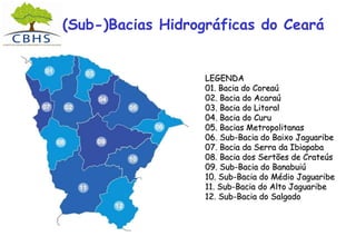 (Sub-)Bacias Hidrográficas do Ceará
LEGENDA
01. Bacia do Coreaú
02. Bacia do Acaraú
03. Bacia do Litoral
04. Bacia do Curu
05. Bacias Metropolitanas
06. Sub-Bacia do Baixo Jaguaribe
07. Bacia da Serra da Ibiapaba
08. Bacia dos Sertões de Crateús
09. Sub-Bacia do Banabuiú
10. Sub-Bacia do Médio Jaguaribe
11. Sub-Bacia do Alto Jaguaribe
12. Sub-Bacia do Salgado
 