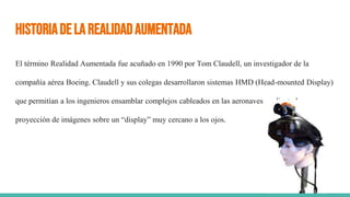 HistoriadelaRealidadAumentada
El término Realidad Aumentada fue acuñado en 1990 por Tom Claudell, un investigador de la
compañía aérea Boeing. Claudell y sus colegas desarrollaron sistemas HMD (Head-mounted Display)
que permitían a los ingenieros ensamblar complejos cableados en las aeronaves mediante la
proyección de imágenes sobre un “display” muy cercano a los ojos.
 
