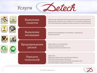•Оценка при продвижении (кадровый резерв высшего уровня)
•Программы развития для лидеров 2го-3го уровня управления
•Реструктуризация (кадровые перестановки на основе оценки)
Выявление
талантов
•Определение драйверов мотивации сотрудников
•Центр развития
Выявление
мотивации
•При найме топ-менеджеров
•Риски на производстве
•Корпоративное мошенничество
Предупреждение
рисков
•Обучение
•Продажа упражнений для Центров Оценки
•Система компетенций «Палитра»
•Специализированный программный продукт для
систематизации и хранения данных
Передача
технологий
Услуги
 