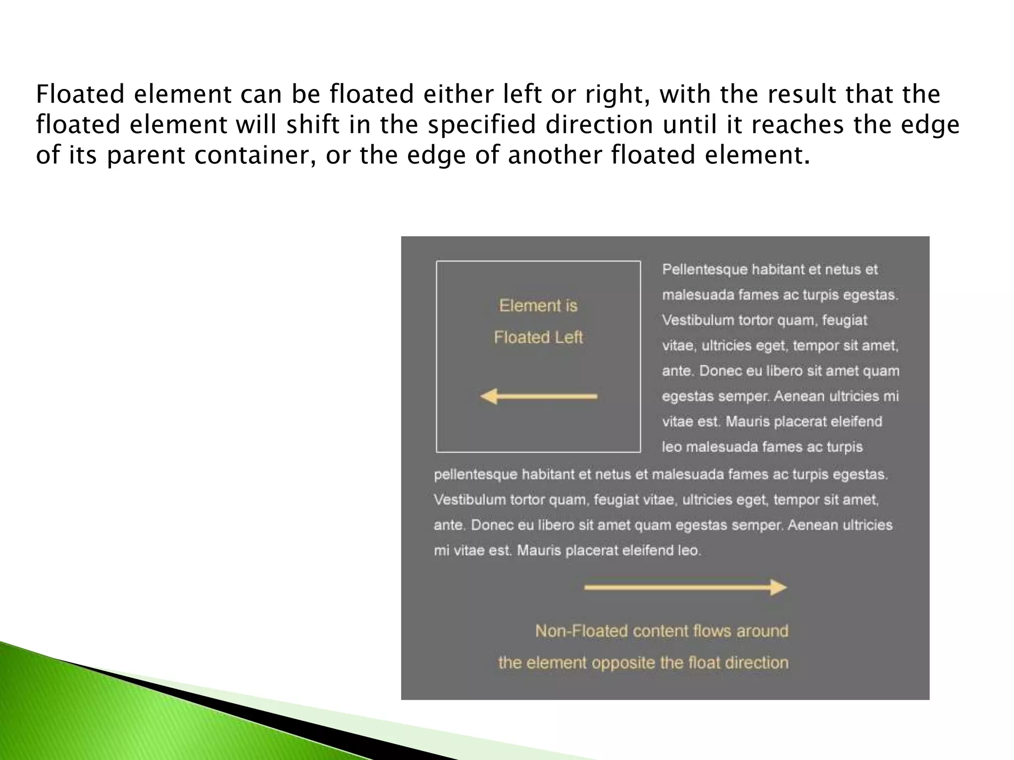 Floated element can be floated either left or right, with the result that the
floated element will shift in the specified direction until it reaches the edge
of its parent container, or the edge of another floated element.

 