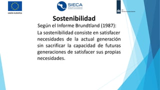 Sostenibilidad
Según el Informe Brundtland (1987):
La sostenibilidad consiste en satisfacer
necesidades de la actual generación
sin sacrificar la capacidad de futuras
generaciones de satisfacer sus propias
necesidades.
 