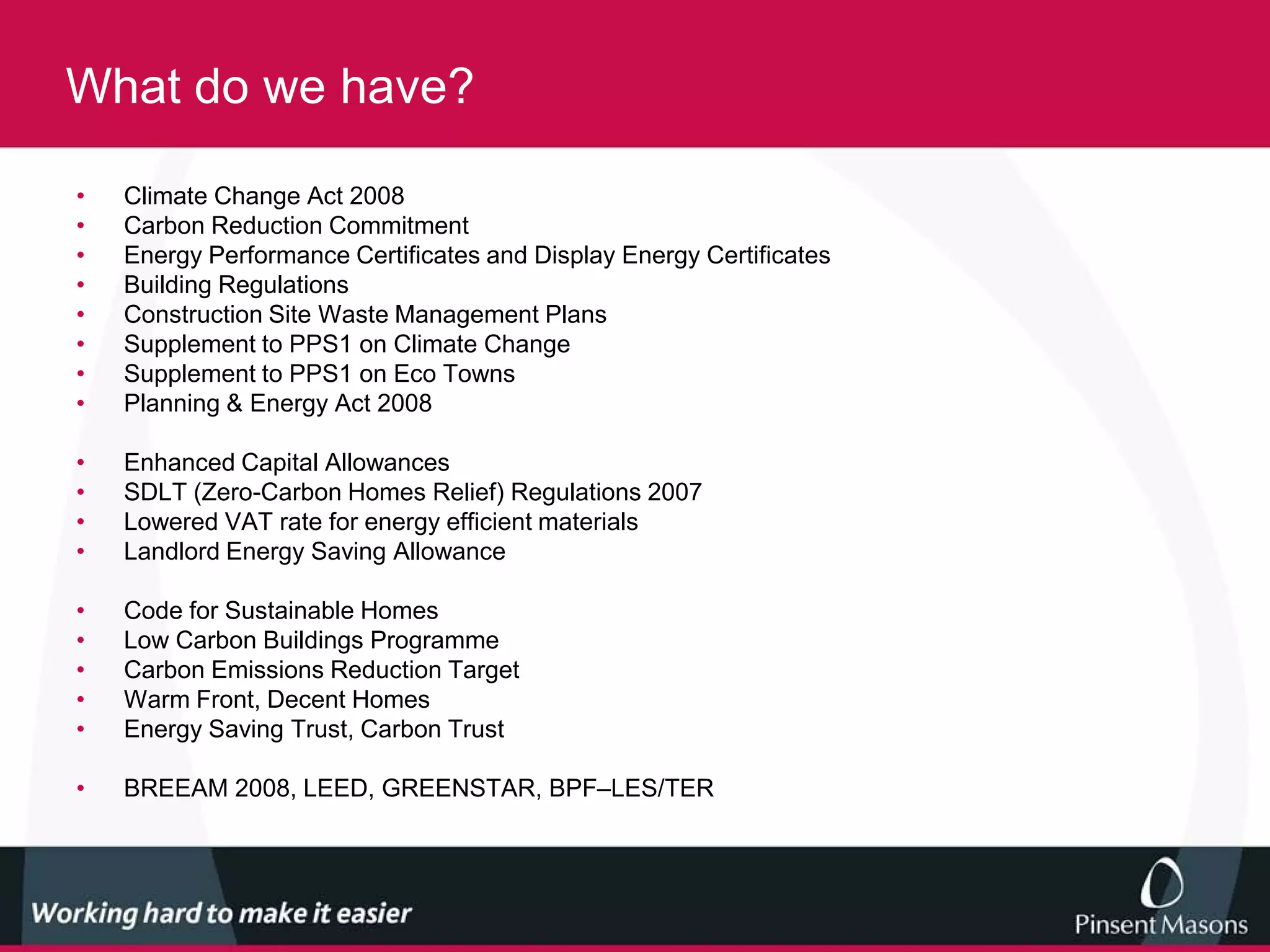 What do we have?

•   Climate Change Act 2008
•   Carbon Reduction Commitment
•   Energy Performance Certificates and Display Energy Certificates
•   Building Regulations
•   Construction Site Waste Management Plans
•   Supplement to PPS1 on Climate Change
•   Supplement to PPS1 on Eco Towns
•   Planning & Energy Act 2008

•   Enhanced Capital Allowances
•   SDLT (Zero-Carbon Homes Relief) Regulations 2007
•   Lowered VAT rate for energy efficient materials
•   Landlord Energy Saving Allowance

•   Code for Sustainable Homes
•   Low Carbon Buildings Programme
•   Carbon Emissions Reduction Target
•   Warm Front, Decent Homes
•   Energy Saving Trust, Carbon Trust

•   BREEAM 2008, LEED, GREENSTAR, BPF–LES/TER
 