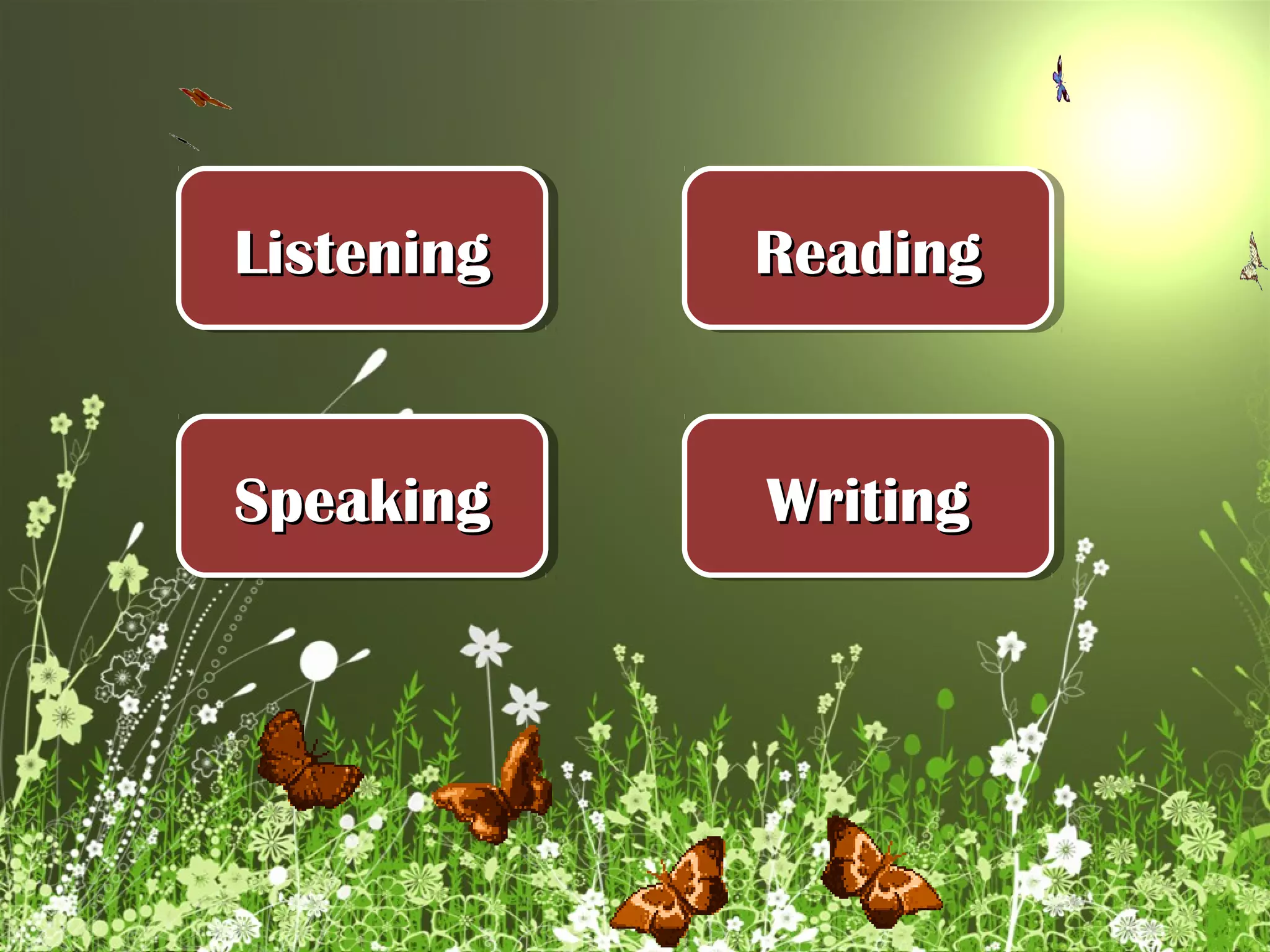 Listening
Listening   Reading
            Reading


Speaking
Speaking    Writing
            Writing
 
