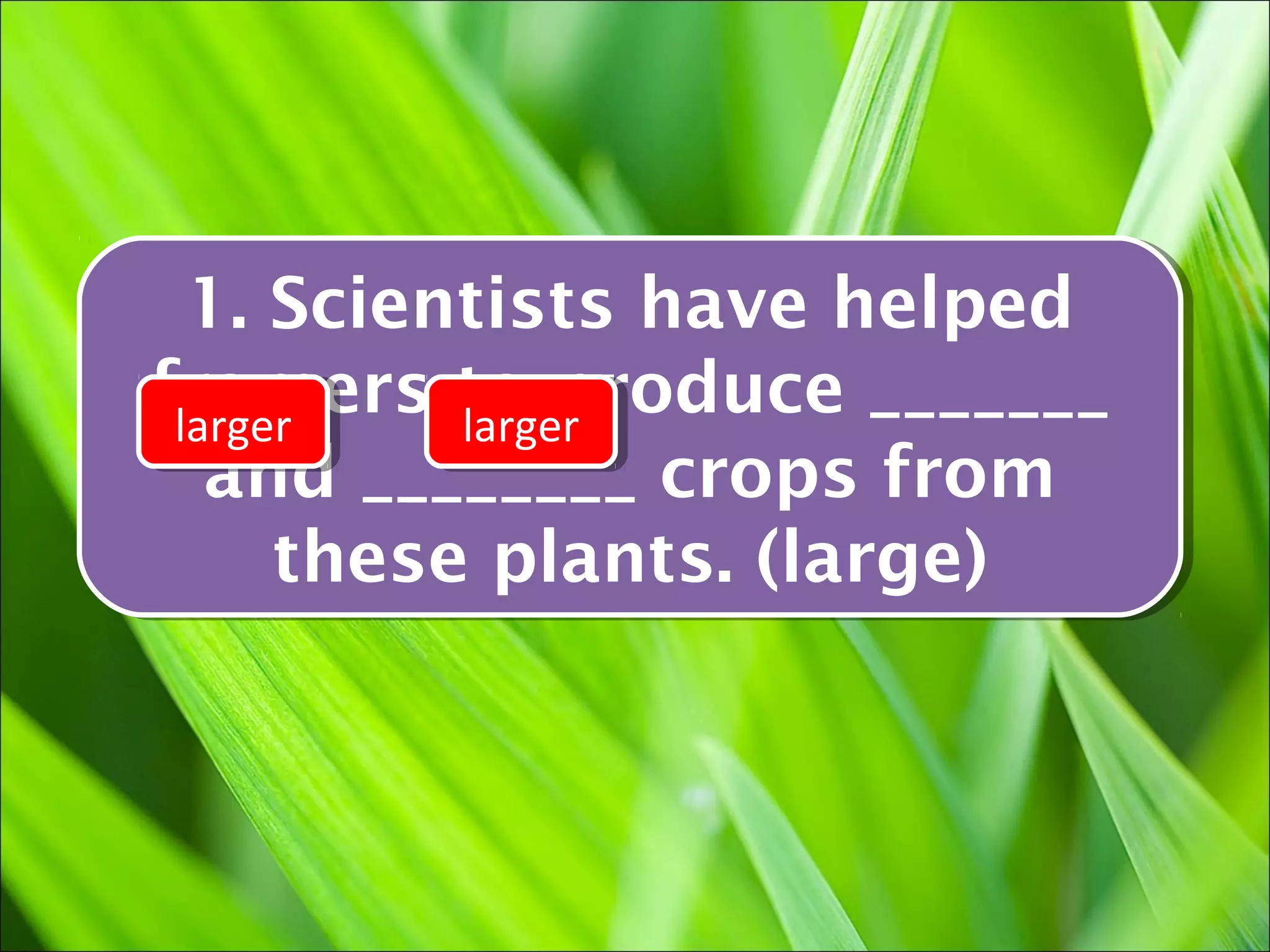 1. Scientists have helped
   1. Scientists have helped
framers to produce _______
framers larger
 larger
  larger
            to produce _______
            larger
   and ________ crops from
    and ________ crops from
      these plants. (large)
       these plants. (large)
 