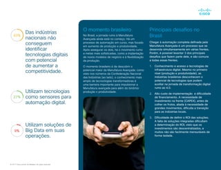 O momento brasileiro
No Brasil, a jornada rumo à Manufatura
Avançada ainda está no começo. Há um
processo de automação em curso, mas focado
em aumento de produção e produtividade.
Após assegurar os dois, há o movimento rumo
a metas mais sofisticadas, como a implantação
de novos modelos de negócio e à flexibilização
da produção.
O momento brasileiro é de descobrir o
potencial maior da Manufatura Avançada: como
visto nos números da Confederação Nacional
das Indústrias (ao lado), o conhecimento mais
amplo de tecnoclogias transformadoras é
uma barreira importante para impulsionar a
Manufatura avançada para além do binômio
produção x produtividade.
Principais desafios no
Brasil
Chegar à automação completa definada pela
Manufatura Avançada é um processo que se
desenrola simultaneamente em várias frentes.
Porém, é possível levantar 3 dos principais
desafios que fazem parte dele, e são comuns
a todas essas frentes.
1.	 	Conhecimento e acesso a tecnologias de
infraestrutura digital. Mesmo no primeiro
nível (produção e produtividade), as
indústrias brasileiras desconhecem o
potencial de tecnologias que podem
auxiliar na jornada de transformação digital
rumo ao 4.0.
2.	 	Alto custo de implementação e dificuldade
de financiamento. A necessidade de
investimento na frente (CAPEX), antes de
colher os frutos, aliada à necessidade de
grandes movimentos, dificulta a transição
para as indústrias locais.
3.	 	Dificuldade de definir o ROI das soluções.
A falta de soluções integradas dificultam
a determinação do ROI, visto que os
investimentos são descentralizados, e
muitos não são facilmente mensuráveis de
forma isolada.
© 2017 Cisco and/or its affiliates. All rights reserved.
Das indústrias
nacionais não
conseguem
identificar
tecnologias digitais
com potencial
de aumentar a
competitividade.
FPO43%
Utilizam tecnologias
como sensores para
automação digital.
FPO
Utilizam soluções de
Big Data em suas
operações.
FPO
27%
9%
 