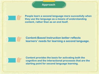Approach
People learn a second language more succesfully when
they use the language as a means of understanding
content, rather than as an end itself.
Content-Based Instruction better reflects
learners’ needs for learning a second language.
Content provides the basis for activating both the
cognitive and the interactional processes that are the
starting point for second language learning.
 