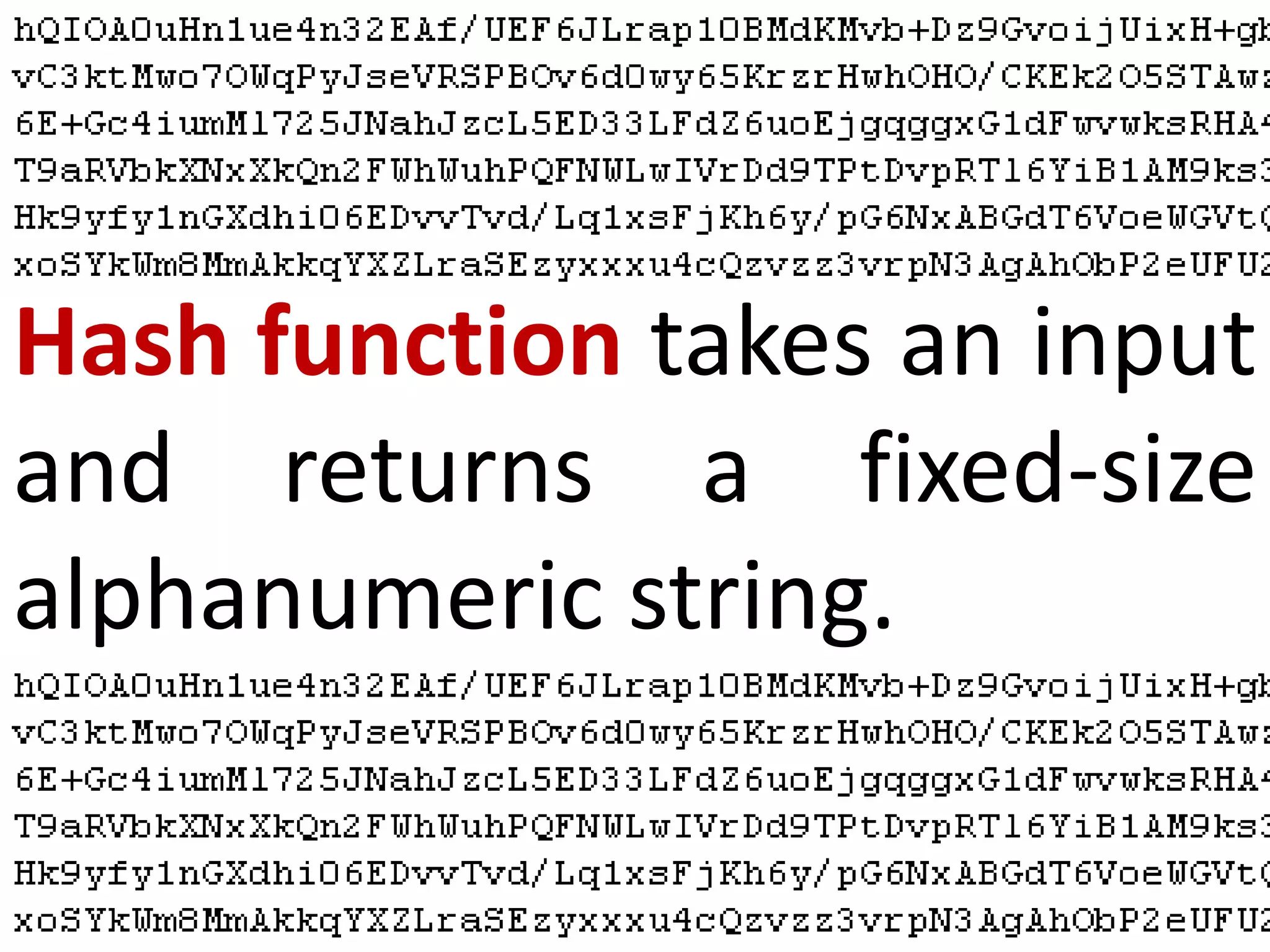 Hash function takes an input
and returns a fixed-size
alphanumeric string.
 