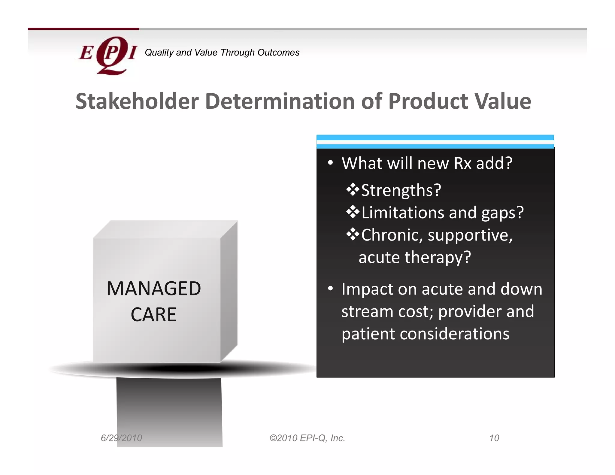 Quality and Value Through Outcomes




Stakeholder Determination of Product Value

                                                     • What will new Rx add?
                                                        Strengths?
                                                        Limitations and gaps?
                                                        Li it ti      d      ?
                                                        Chronic, supportive, 
                                                        acute therapy?
   MANAGED                                           • Impact on acute and down 
    CARE                                               stream cost; provider and 
                                                       patient considerations
                                                                    d




  6/29/2010                              ©2010 EPI-Q, Inc.               10
 