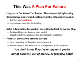 This Was A Plan For Failure
• Long-term “lockdown” of Product Development/Engineering
• Assumed we understood customer problem/product solution
   – But they are hypotheses
   – the facts were outside the building

• Sales & Marketing focused on execution to First Customer Ship
   – Costs and burn rate became front loaded
   – Execution & hiring predicated on business plan hypothesis
• Financial projections assume success
   – Heavy spending hit if product launch is wrong
   – Failure always a bad reflection on Management, Board, Investors
         You don’t know if you’re wrong until you’re
       out of business, out of money, or (usually) both!
 