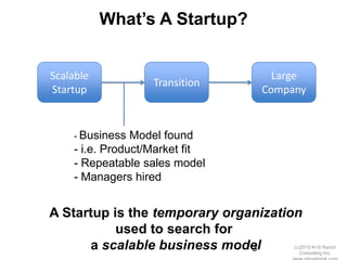 What’s A Startup?


Scalable                          Large
                   Transition
Startup                         Company


    - Business  Model found
    - i.e. Product/Market fit
    - Repeatable sales model
    - Managers hired


A Startup is the temporary organization
           used to search for
      a scalable business model3     (c)2010 K+S Ranch
                                        Consulting Inc.
 