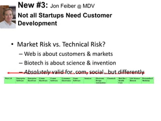 New #3: Jon Feiber @ MDV
  Not all Startups Need Customer
  Development


• Market Risk vs. Technical Risk?
  – Web is about customers & markets
  – Biotech is about science & invention
  – Absolutely valid for .com, social…but differently
 