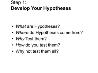 Step 1:
Develop Your Hypotheses


•   What are Hypotheses?
•   Where do Hypotheses come from?
•   Why Test them?
•   How do you test them?
•   Why not test them all?
 