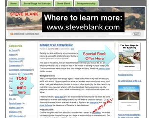 Where to learn more:
        www.steveblank.com


                 Special Book
                  Offer Here




TONS
  of
INFO
 here
 