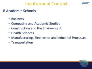 Institutional Context
6 Academic Schools
  •   Business
  •   Computing and Academic Studies
  •   Construction and the Environment
  •   Health Sciences
  •   Manufacturing, Electronics and Industrial Processes
  •   Transportation
 