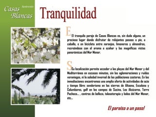 Tranquilidad El tranquilo paraje de Casas Blancas es, sin duda alguna, un precioso lugar donde disfrutar de relajantes paseos a pie, a caballo, o en bicicleta entre naranjos, limoneros y almendros, recreándose con el aroma a azahar y las magníficas vistas panorámicas del Mar Menor.  E S Su localización permite acceder a las playas del Mar Menor y del Mediterráneo en escasos minutos, sin las aglomeraciones y ruidos veraniegos, ni la soledad invernal de las poblaciones costeras. En las inmediaciones encontramos una amplia oferta de actividades de ocio y tiempo libre: senderismo en las sierras de Altaona, Escalona y Columbares, golf en los campos de Sucina, Los Alcázares, Torre Pacheco... , centros de belleza, talasoterapia y lodos del Mar Menor, etc...  El paraíso a un paso!   