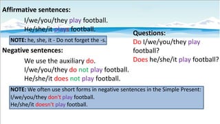 Affirmative sentences:
I/we/you/they play football.
He/she/it plays football.
NOTE: he, she, it - Do not forget the -s.

Negative sentences:
We use the auxiliary do.
I/we/you/they do not play football.
He/she/it does not play football.

Questions:
Do I/we/you/they play
football?
Does he/she/it play football?

NOTE: We often use short forms in negative sentences in the Simple Present:
I/we/you/they don't play football.
He/she/it doesn't play football.

 