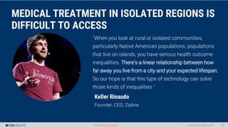 MEDICAL TREATMENT IN ISOLATED REGIONS IS
DIFFICULT TO ACCESS
Keller Rinaudo
Founder, CEO, Zipline
www.cbinsights.com 43Sou...