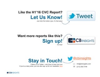 Like the H1’16 CVC Report?
Let Us Know!
Just click this button (yes, it’s that easy)
Want more reports like this?
Sign up!
It’s free!
Stay in Touch!
Follow us on Twitter – we’d love to hear from you
If you’re a data junkie, you can also sign up for our newsletter here
@cbinsights
info@cbinsights.com
(212) 292-3148
 