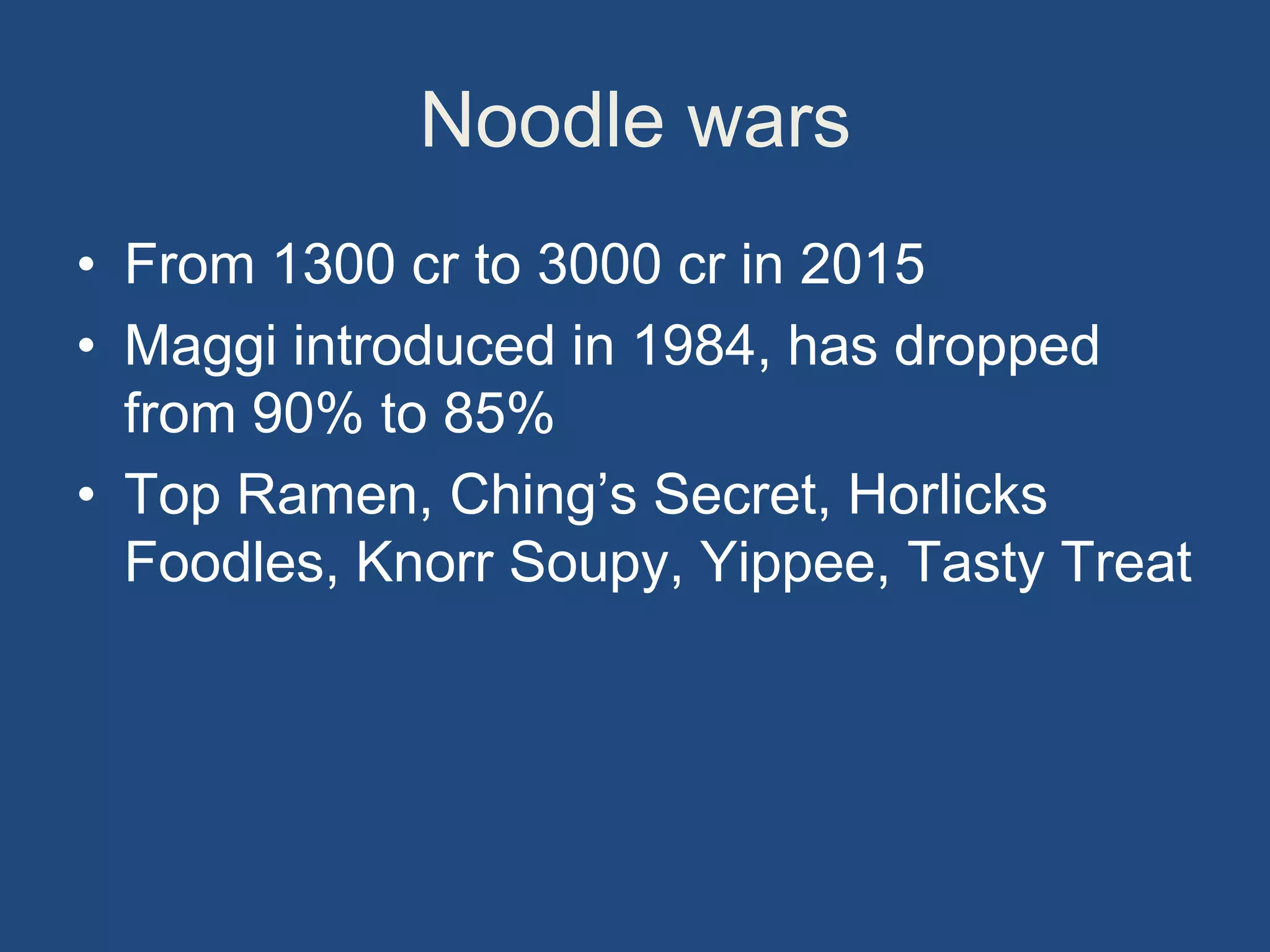 Noodle wars
• From 1300 cr to 3000 cr in 2015
• Maggi introduced in 1984, has dropped
from 90% to 85%
• Top Ramen, Ching’s Secret, Horlicks
Foodles, Knorr Soupy, Yippee, Tasty Treat
 