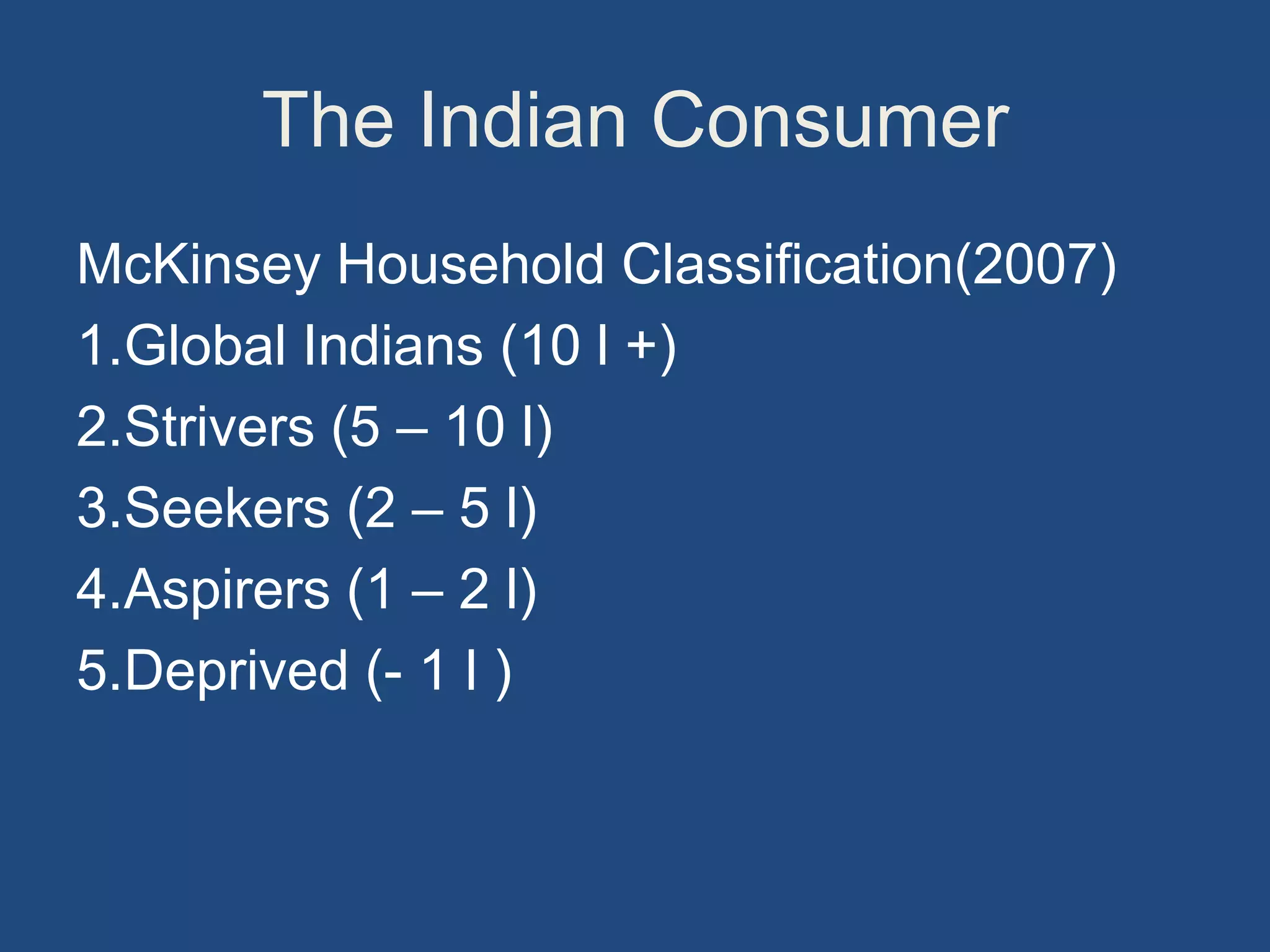 The Indian Consumer
McKinsey Household Classification(2007)
1.Global Indians (10 l +)
2.Strivers (5 – 10 l)
3.Seekers (2 – 5 l)
4.Aspirers (1 – 2 l)
5.Deprived (- 1 l )
 