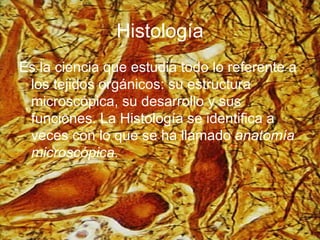 Histología Es la ciencia que estudia todo lo referente a los tejidos orgánicos: su estructura microscópica, su desarrollo y sus funciones. La Histología se identifica a veces con lo que se ha llamado  anatomía microscópica .  