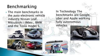  The main benchmarks in
the auto electronic vehicle
industry Nissan Leaf,
Mitsubishi i IMiev., BMW
and the Tesla model S.
In Technology The
benchmarks are Google,
uber and Apple working
fully autonomous
vehicles
 