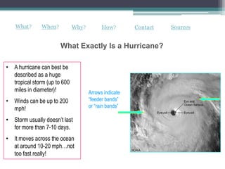 What?       When?          Why?         How?        Contact   Sources


                       What Exactly Is a Hurricane?

• A hurricane can best be
  described as a huge
  tropical storm (up to 600
  miles in diameter)!                Arrows indicate
• Winds can be up to 200             “feeder bands”
  mph!                               or “rain bands”

• Storm usually doesn’t last
  for more than 7-10 days.
• It moves across the ocean
  at around 10-20 mph…not
  too fast really!
 