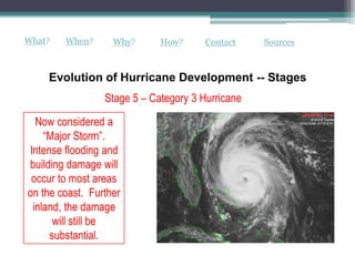 What?   When?      Why?      How?      Contact    Sources



    Evolution of Hurricane Development -- Stages
                 Stage 5 – Category 3 Hurricane

  Now considered a
    “Major Storm”.
Intense flooding and
building damage will
 occur to most areas
on the coast. Further
 inland, the damage
      will still be
     substantial.
 