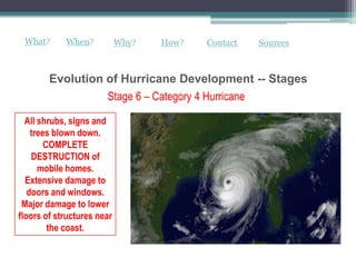 What?      When?           Why?   How?   Contact   Sources



        Evolution of Hurricane Development -- Stages
                  Stage 6 – Category 4 Hurricane

  All shrubs, signs and
    trees blown down.
        COMPLETE
    DESTRUCTION of
      mobile homes.
  Extensive damage to
   doors and windows.
 Major damage to lower
floors of structures near
         the coast.
 