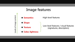 Image features
Levelsofimagecontent
High-level features Semantics
 Shape
 Texture
 Color, lightness
Low-level features / visual features
(signatures, descriptors)
 