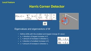 Eigenvalues and eigenvectors of M
• Define shifts with the smallest and largest change (E value)
•
•
•
•
x+ = direction of largest increase in E.
+ = amount of increase in direction x+
x- = direction of smallest increase in E.
-‐= amount of increase in direction x-
x-
x+
M
Mx   x
Mx   x  
Local Feature
Harris Corner Detector
 