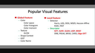 Popular Visual Features
 Global Feature
– Color
Color space
Color histogram
Color moment
– Texture
GLCM
– Shape Context
– GIST
– Color Name
 Local Feature
– Detector
Harris, LOG, DOG, MSER, Hessian Aﬃne
KAZE, FAST
– Descriptor
SIFT, SURF, GLOH, LIOP, BRIEF
ORB, FREAK, BRISK, CARD, Edge-SIFT
 