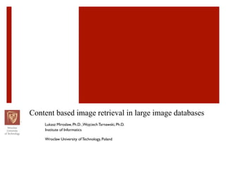 Content based image retrieval in large image databases
    Lukasz Miroslaw, Ph.D. , Wojciech Tarnawski, Ph.D.
    Institute of Informatics

    Wroclaw University of Technology, Poland
 