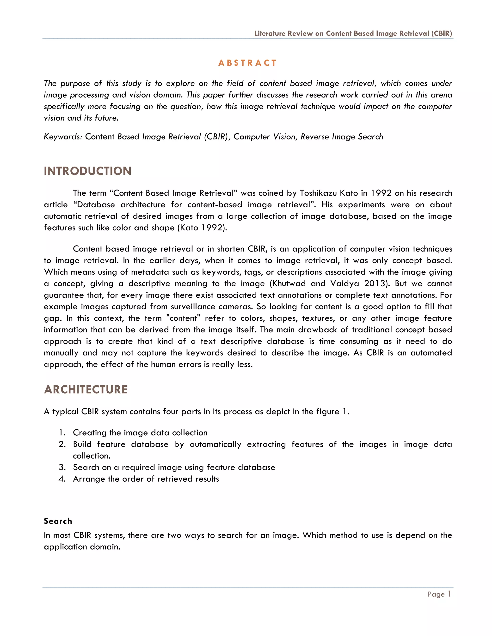 Literature Review on Content Based Image Retrieval | PDF