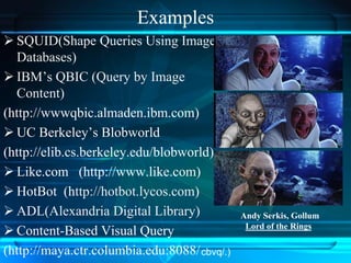 Examples
 SQUID(Shape Queries Using Image
Databases)
 IBM’s QBIC (Query by Image
Content)
(http://wwwqbic.almaden.ibm.com)
 UC Berkeley’s Blobworld
(http://elib.cs.berkeley.edu/blobworld)
 Like.com (http://www.like.com)
 HotBot (http://hotbot.lycos.com)
 ADL(Alexandria Digital Library)
 Content-Based Visual Query
(http://maya.ctr.columbia.edu:8088/
Andy Serkis, Gollum
Lord of the Rings
cbvq/.)
 