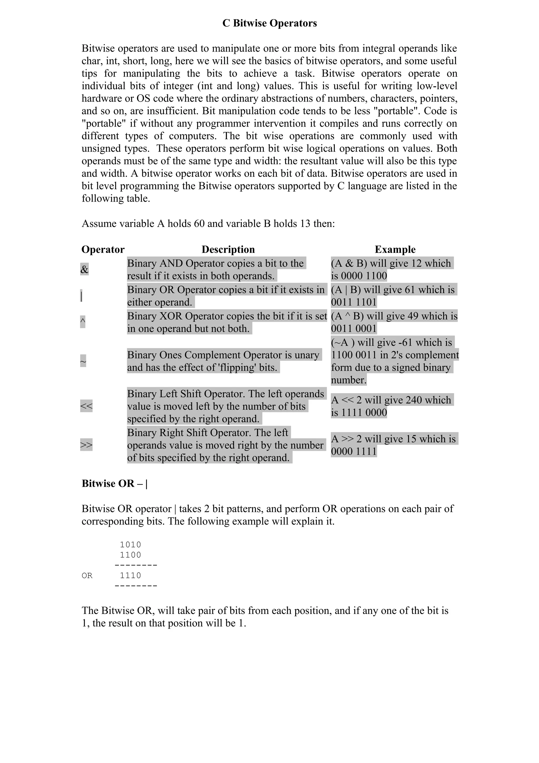 C bitwise operators | DOC