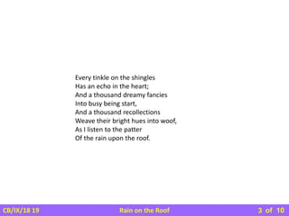 Rain on the Roof
CB/IX/18 19 of 10
3
Every tinkle on the shingles
Has an echo in the heart;
And a thousand dreamy fancies
Into busy being start,
And a thousand recollections
Weave their bright hues into woof,
As I listen to the patter
Of the rain upon the roof.