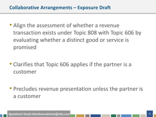 36Questions? Email cbizmhmwebinars@cbiz.com
Collaborative Arrangements – Exposure Draft
• Align the assessment of whether a revenue
transaction exists under Topic 808 with Topic 606 by
evaluating whether a distinct good or service is
promised
• Clarifies that Topic 606 applies if the partner is a
customer
• Precludes revenue presentation unless the partner is
a customer
 
