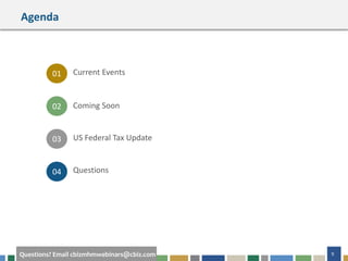 9Questions? Email cbizmhmwebinars@cbiz.com
Agenda
Current Events
02
01
03
04
Coming Soon
US Federal Tax Update
Questions
 