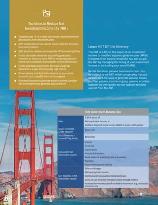 6
Net Investment Income Tax
Rate
3.8% x lesser of:
Net Investment Income, or
Modified Adjusted Gross Income (MAGI) in excess of threshold
MAGI Threshold –
Single Taxpayer
$200,000
MAGI Threshold –
Married Filing Jointly
$250,000
Included in Net
Investment Income
Interest
Dividends
Capital gains
Annuity distributions
Rents (unless a qualifying trade or business)
Royalties
Income from passive activity
NOT Included in Net
Investment Income
Salary and wages
Self-employment income
Distributions from qualified retirement plans
Gains on sale of active interests in pass-through entities
Income otherwise excluded from federal income tax (e.g. municipal
bond interest)
■■ Taxpayers age 70 ½ or older can donate required minimum
distributions from retirement plans
■■ Shift investments to tax-exempt bonds, deferred annuities,
insurance products
■■ Shift assets to relatives not subject to NIIT (consider gift tax)
■■ Fund a charitable remainder trust with appreciated
securities to reduce or avoid NIIT on recognized gains (to
extent not immediately distributed to income beneficiary)
■■ Fund a charitable lead trust to generate a large tax
deduction in a year with unusually high income
■■ Group passive activities that comprise an appropriate
economic unit to qualify them as non-passive
■■ If current investments generate passive income, consider
new investments that generate passive losses
Top Ideas to Reduce Net
Investment Income Tax (NIIT)
Leave NIIT Off the Itinerary
The NIIT is 3.8% on the lesser of net investment
income or modified adjusted gross income (MAGI)
in excess of an income threshold. You can attack
the NIIT by managing the timing of your investment
income or controlling your overall MAGI.
Rental and other passive business income may
be subject to the NIIT, which complicates matters
further. Look for ways to generate passive losses
to offset passive income or group passive activities
together so they qualify as non-passive activities
exempt from the NIIT.
 
