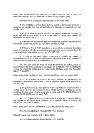 PENA: multa, de R$ 100,00 (cem reais) a R$ 100.000,00 (cem mil reais), e perda dos
pontos em disputa a favor do adversário, na forma do regulamento. (NR).

        Parágrafo único (Revogado pela Resolução CNE nº 29 de 2009).

          § 1º A entidade de prática desportiva fica sujeita às penas deste artigo se a
suspensão da partida tiver sido comprovadamente causada ou provocada por sua
torcida. (AC).

        § 2º Se da infração resultar benefício ou prejuízo desportivo a terceiro, o
órgão judicante poderá aplicar a pena de exclusão do campeonato, torneio ou
equivalente em disputa. (AC).

         § 3º Em caso de reincidência específica, a entidade de prática desportiva será
excluída do campeonato, torneio ou equivalente em disputa. (AC).

         § 4º Para os fins do § 3º, considerar-se-á reincidente a entidade de prática
desportiva quando a infração for praticada em campeonato, torneio ou equivalente da
mesma categoria, observada a regra do art. 179, § 2º. (AC).

        § 5º Para os fins deste artigo, presume-se a intenção de impedir o
prosseguimento quando o resultado da suspensão da partida, prova ou equivalente for
mais favorável ao infrator do que ao adversário. (AC).

         Art. 206. Dar causa ao atraso do início da realização de partida, prova ou
equivalente, ou deixar de apresentar a sua equipe em campo até a hora marcada para
o início ou reinício da partida, prova ou equivalente. (Redação dada pela Resolução
CNE nº 29 de 2009).

PENA: multa de R$ 100,00 (cem reais) até R$ 1.000,00 (mil reais) por minuto. (NR).

         § 1º Se o atraso for superior ao tempo previsto no regulamento de
competição da respectiva modalidade, o infrator responderá pelas penas previstas no
art. 203. (AC).

          § 2º Quando duas ou mais partidas forem disputadas no mesmo horário e
verificar-se que o atraso da equipe permitiu ao infrator conhecer resultados de outras
partidas antes que a sua estivesse encerrada, a multa será de R$ 10.000,00 (dez mil
reais) a R$ 100.000,00 (cem mil reais). (AC).

         Art. 207. Ordenar ao atleta que não atenda à requisição ou convocação feita
por entidade de administração de desporto, para competição oficial ou amistosa, ou
que se omita, de qualquer modo.

PENA: multa, de R$ 100,00 (cem reais) a R$ 100.000,00 (cem mil reais). (NR).

        Art. 208. (Revogado pela Resolução CNE nº 29 de 2009).

PENA (Revogada pela Resolução CNE nº 29 de 2009).

        Art. 209. (Revogado pela Resolução CNE nº 29 de 2009).
 